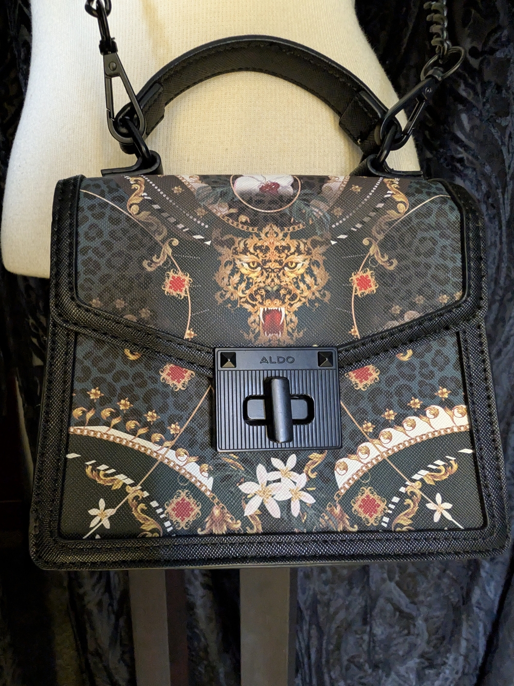 Aldo Black Floral & Baroque-Print Top Handle Satchel